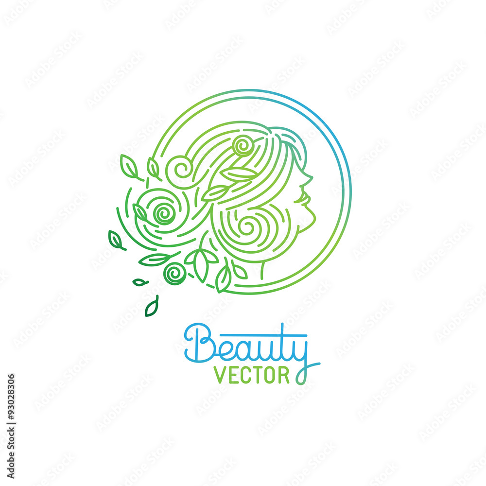 Poster vector logo design template in trendy linear style with female f