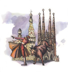 Fototapeta premium the Spain watercolor hand drawing, arhitectural buillding cathedtral isolated on the white background. The traditional culture of spain celebration corrida on the front of the buillding