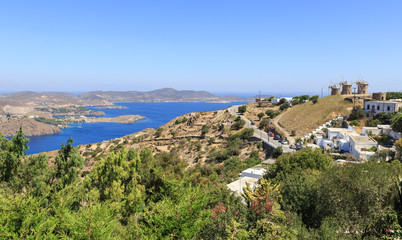 Fototapeta na wymiar Windmills in Chora on the island of Patmos. Dodecanese archipelago in the Aegean Sea in Greece