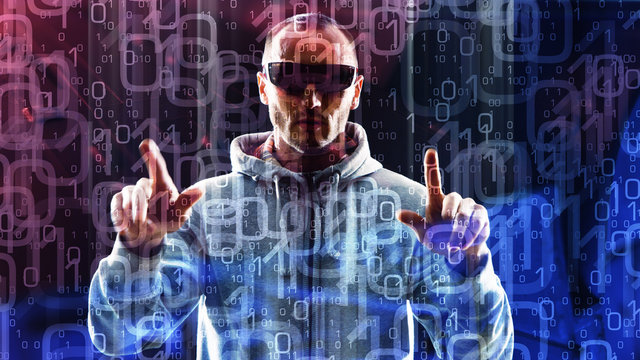Zero one digits, abstract background and computer hacker