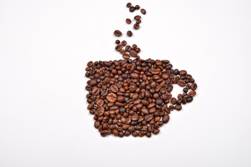 Coffee cup image made up of coffee beans on a white background
