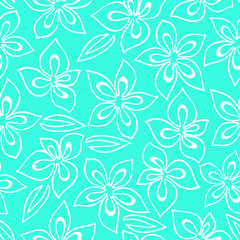 Seamless floral pattern with white abstract flowers painted on a turquoise background
