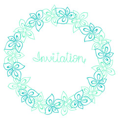 Circle frame, wreath of turquoise, blue and mint flowers on a white background, greeting card, decoration postcard or invitation