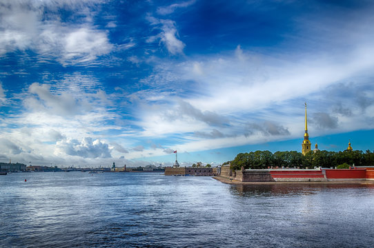 View centre St. Petersburg Neva river right bank panorama Peter