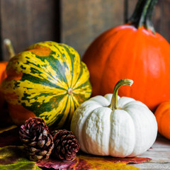 Colorful pumpkins and fall leaves on rustic wooden background