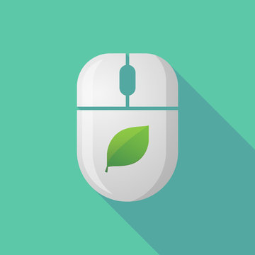 Wireless long shadow mouse icon with a green  leaf