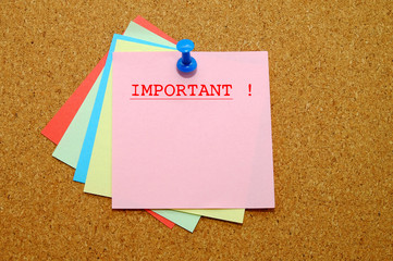 Important written on color sticker notes over cork board background. 