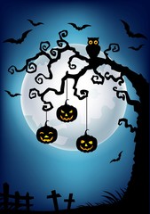 Halloween background with dead tree silhouette, owl and pumpkin