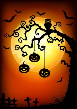 Halloween background with dead tree silhouette, owl and pumpkin