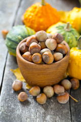 hazelnuts and autumn leaves