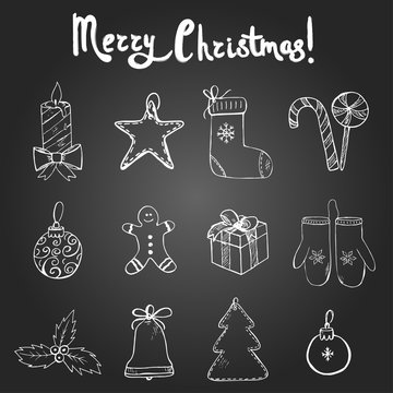 Christmas symbols and elements on the blackboard