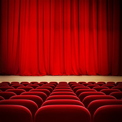 theatre red curtain on stage with red velvet seats