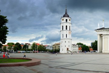 The Cathedral  belfry and Square in central Vilnius on summer