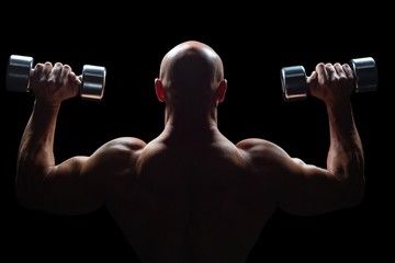 Fototapeta na wymiar Rear view of muscular man lifting dumbbells