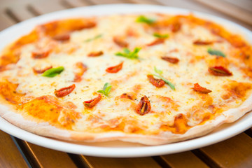 fresh baked sicilian pizza from oven