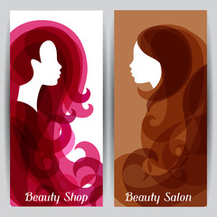 Woman silhouette with curly hair on banners for hairdressing