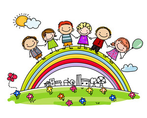 Sketch children and rainbow