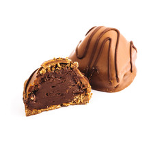 Delicious chocolate candy with filling isolated on white background, square image