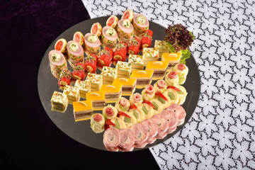 Antipasto and catering platter with different appetizers, restau