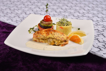 Grilled salmon and vegetables, menu from a restaurant