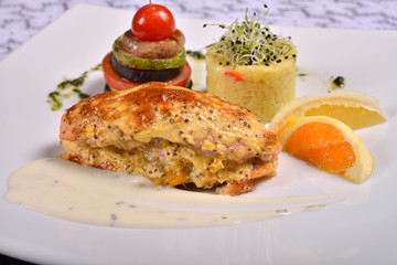 Close up of grilled salmon and vegetables, menu from a restauran