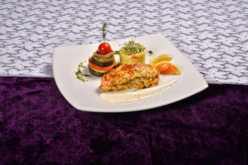 Grilled salmon and vegetables, menu from a restaurant