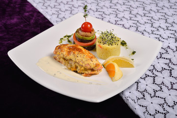 Grilled salmon and vegetables, menu from a restaurant