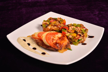 chicken breast parmesan crust, cranberry sauce and a ratatuille