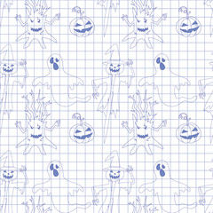 Seamless pattern with monsters in notebook. Print for Halloween