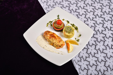 Grilled salmon and vegetables, menu from a restaurant