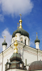
Domes of foros Church of Holy Resurrection of Christ, closeup on blue sky, Crimea  
