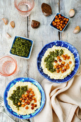cheese polenta with Basil nuts pesto and roasted spicy chickpeas