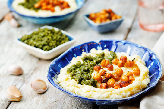 cheese polenta with Basil nuts pesto and roasted spicy chickpeas