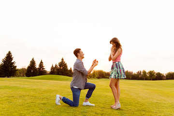 young man makes a proposal of betrothal to his girlfriend