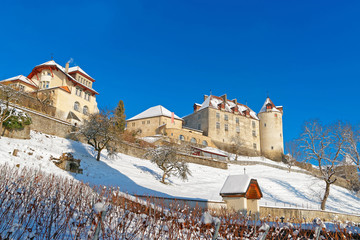 View of the Gruyeres castle on a sunny winter day - Powered by Adobe