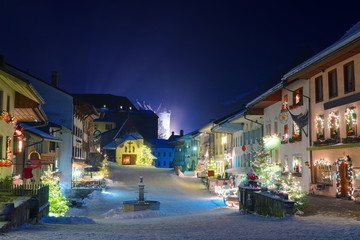 Winter night in the medieval town of Gruyeres