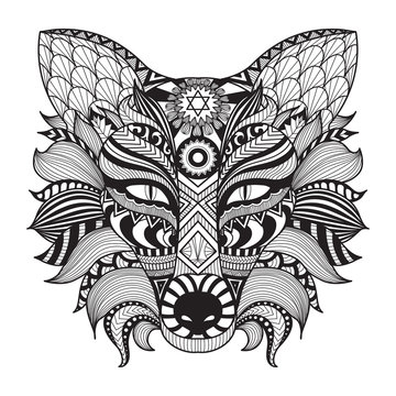 Detail zentangle fox isolated on white background.