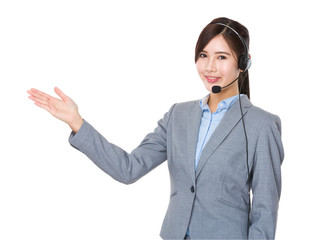 Customer services representative with hand showing blank sign