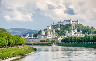Fototapeta na wymiar Historic city of Salzburg with river Salzach in summer, Austria