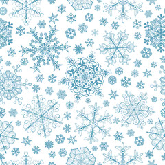 Seamless pattern of snowflakes, blue on white