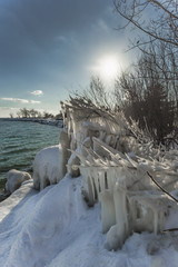 Ice and snow by Lake Ontario in Toronto.