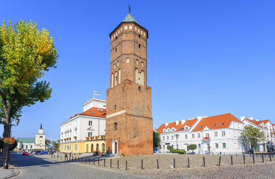 The old town of Pultusk on the Narew - a view of the market and the renaissance town hall ( XVI century) with the gothic tower 