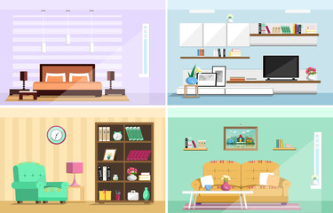 Set of colorful vector interior design house rooms with furniture icons: living room, bedroom. Flat style vector illustration.
