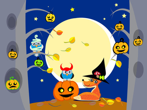Halloween night in forest - vector  illustration of cute owls, fox as witch, zombie, devil have a party. Halloween  pumpkins and ghost on trees. Flat cartoon Halloween background, wallpaper, poster.