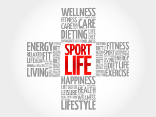 Sport Life word cloud, health cross concept