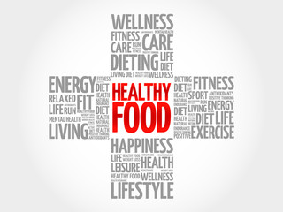 Healthy Food word cloud, health cross concept