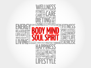 Body Mind Soul Spirit word cloud, health cross concept