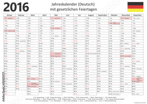 “Jahreskalender 2016 mit Feiertagen (Deutsch)” Stockfotos und