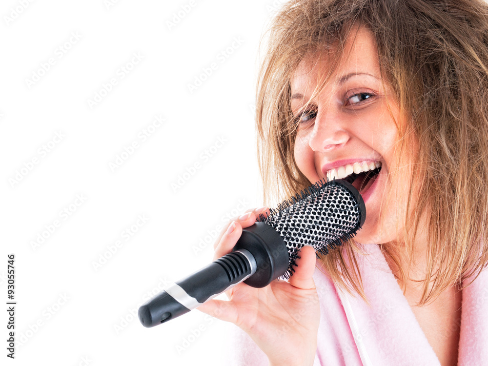 Sticker woman singing with hairbrush