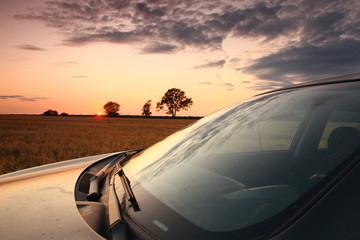 SUV in a wheat field sunset